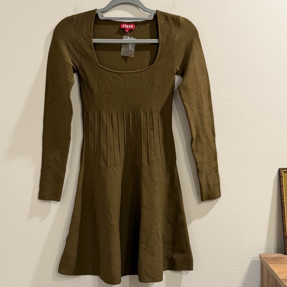 Staud NWT Size XS Sergeant Green Deora Knit Fit & Flare Long Sleeve Mini Dress - Picture 2 of 8